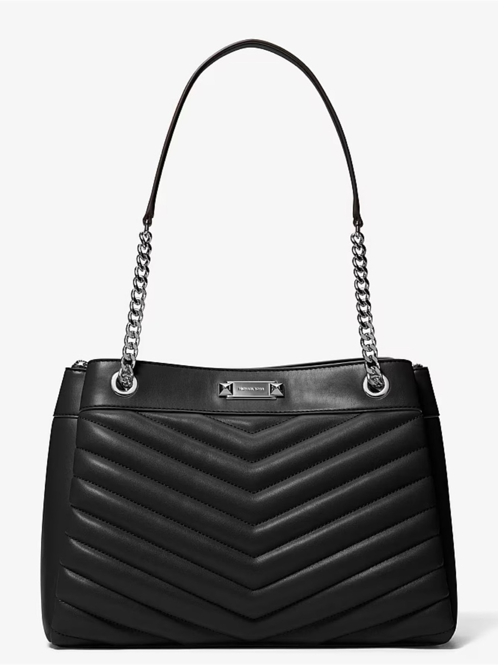 Michael Kors Black Quilted Chevron Leather Shoulder Bag with Silver Chain